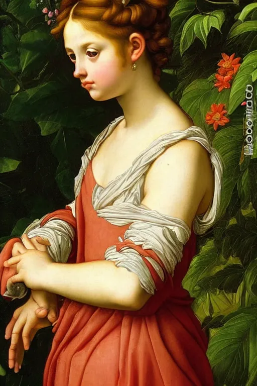 Image similar to renaissance painting of young girl in the garden, closeup, curly long hair, face closeup, emotions closeup, dressed in roman armour, the beautiful garden with maple leaves everywhere, ultra detailed, art by guido reni style, vincenzo catena style