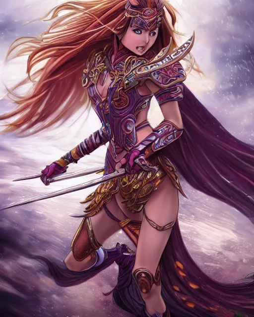 Image similar to A beautiful female warrior running, D&D, beautiful face, highly detailed face, fantasy art, female art, in the style of masami kurumada, illustration, epic, fantasy, intricate, hyper detailed, artstation, concept art, smooth, sharp focus, ray tracing