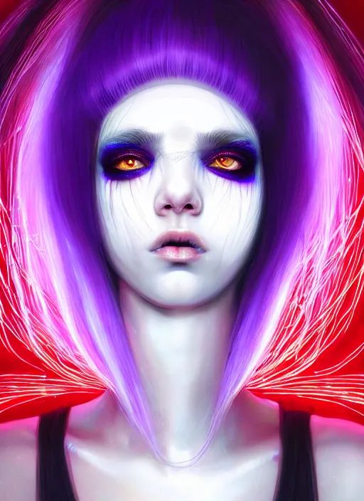 Image similar to hair whitebangs hair, black cyberlox, portrait of teenage girl with white bangs, whitebangsblackhair, messy bangs, cyberlox, whitebangs, red irises, purple clothes, intricate, elegant, glowing lights, highly detailed, digital painting, artstation, concept art, sharp focus, illustration, art by wlop, mars ravelo and greg rutkowski