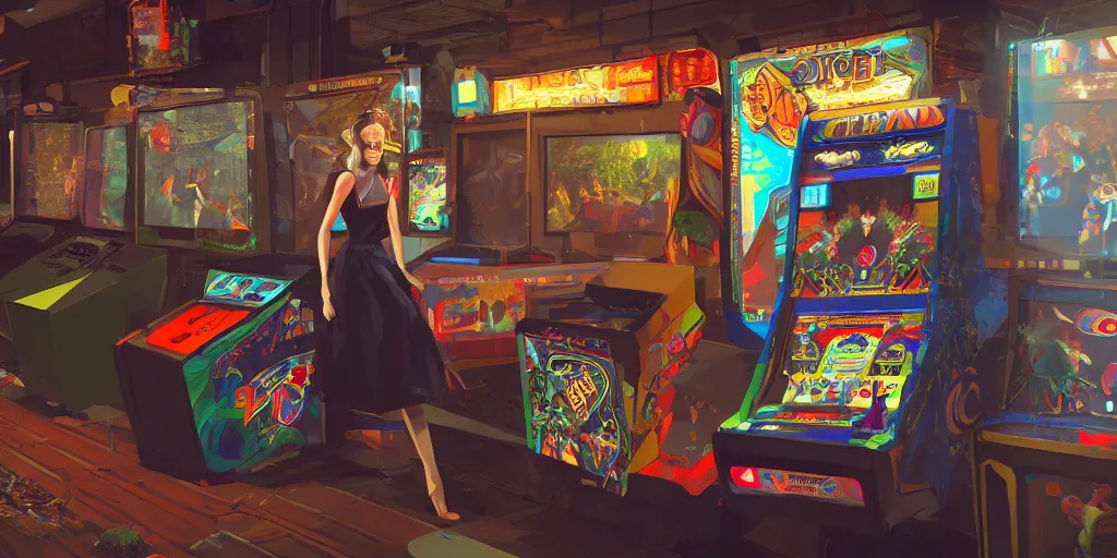 Image similar to an environmental concept art of a stylish woman playing an arcade machine in a cluttered arcade, highly detailed, environmental light, cinematic by francis tneh