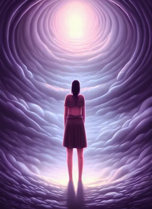 Image similar to a person standing in front of a large circular object, an album cover by cyril rolando, deviantart, magic realism, photoillustration, apocalypse art, matte drawing