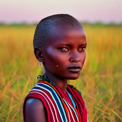 Image similar to a maasai girl standing in the savanna during a sunset