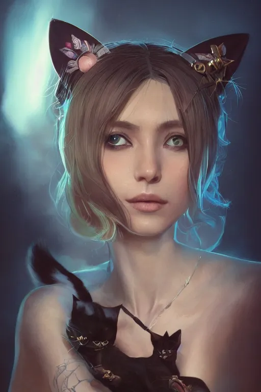 Image similar to A fancy portrait of an attractive women with cat ears by Greg Rutkowski, beeple, Sung Choi, Mitchell Mohrhauser, Maciej Kuciara, Johnson Ting, Maxim Verehin, Peter Konig, final fantasy, macro lens , 8k photorealistic, cinematic lighting, HD, high details, dramatic, dark atmosphere, trending on artstation