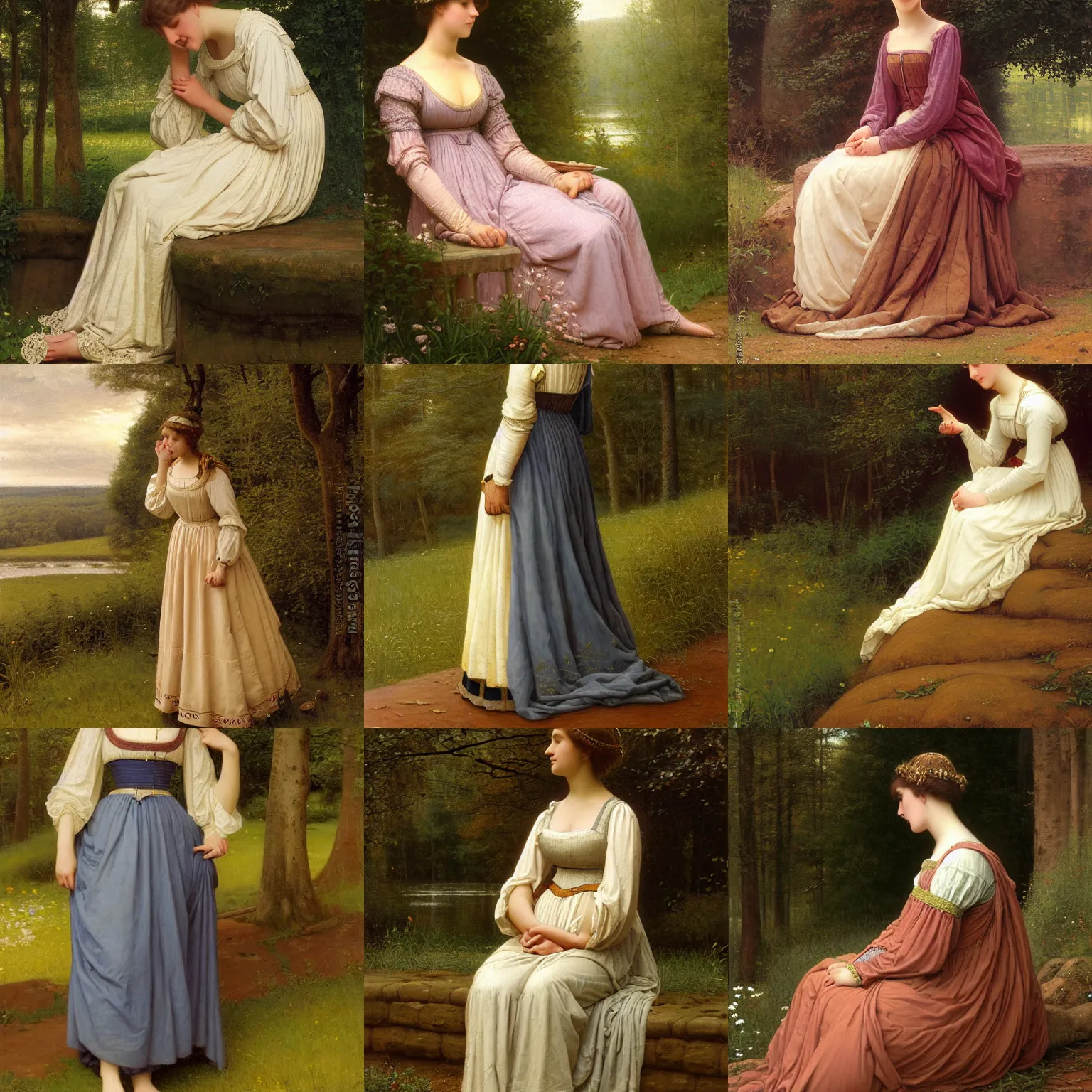 Prompt: portrait painting by Edmund Blair Leighton of a beautiful young woman in medieval clothes, looking down at her feet with a confused expression, touching her waist with one hand and her chest with the other hand, forest in the background, 4k oil on linen by Edmund Blair Leighton, highly detailed, soft lighting 8k resolution