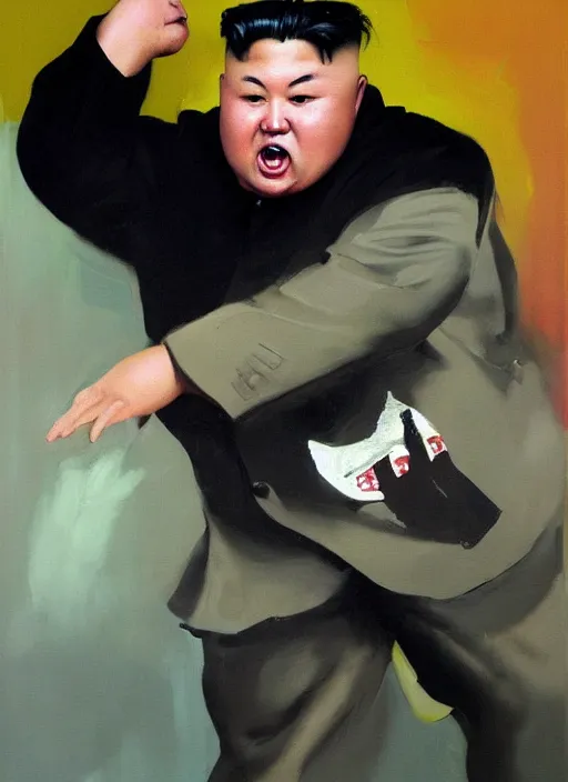 Image similar to kim jong un screaming, fat face, painting by phil hale, fransico goya,'action lines '!!!, graphic style, visible brushstrokes, motion blur, blurry, visible paint texture, crisp hd image