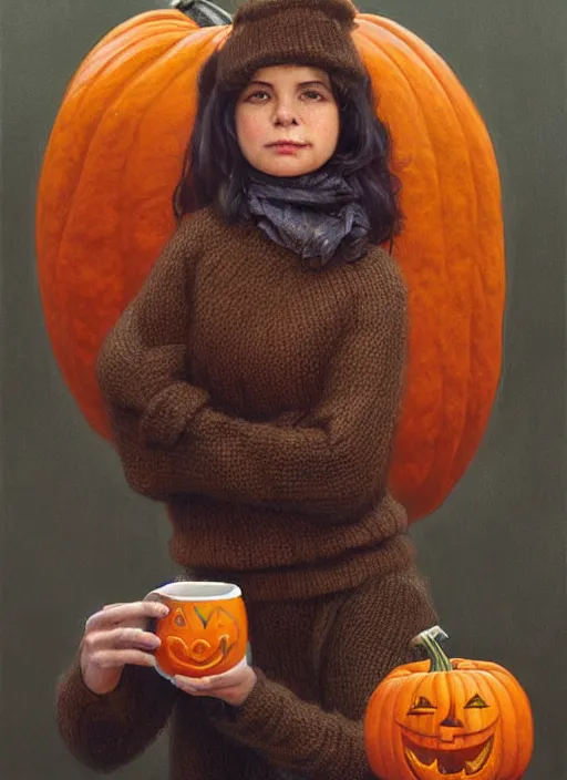 Image similar to a pumpkin wearing a sweater and holding a human head mug, highly detailed, centered, solid color background, digital painting, artstation, concept art, smooth, sharp focus, illustration, donato giancola Joseph Christian Leyendecker, Les Edwards, Ed Repka, Basil Gogos, WLOP, Artgerm