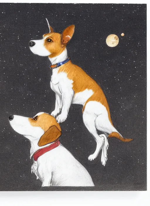 Image similar to candid portrait of jack russel dog looking up, from behind, night sky, highly detailed, side view, illustrated by peggy fortnum and beatrix potter and sir john tenniel