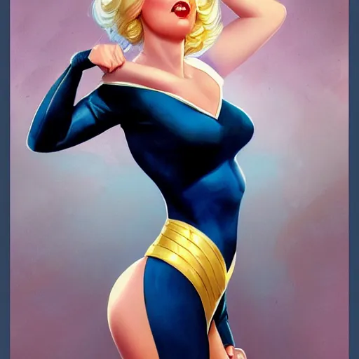 Prompt: a beautiful pin - up portrait of a beautiful cute superhero woman, blonde hair, matte navy - blue bodysuit, white cape, intricate, elegant, 8 k, highly detailed, digital painting, concept art, smooth, sharp focus, illustration, by norman rockwell and artgerm and loish and wlop