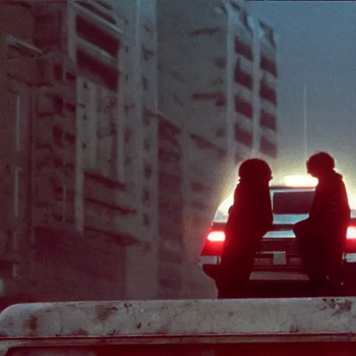 Image similar to at night, a white teenage girl with a pixie haircut in an oversized man's jacket catches a ride on the back of a truck as it drives towards the factory district : a still from a sci - fi dystopian cyberpunk film by steven spielberg from 1 9 8 0 s, shot on 3 5 mm film by janusz kaminski