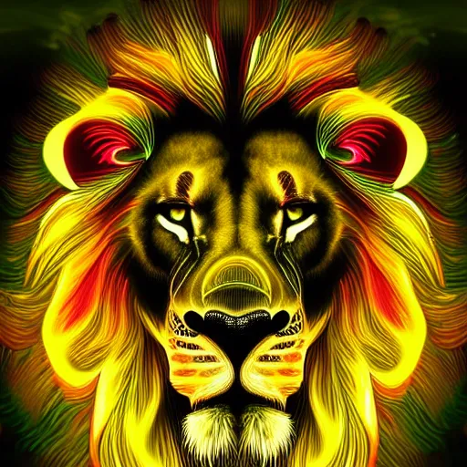 Prompt: neon 3 d lion, flame mane, green background, symmetry, hyper detail, 3 d fractal