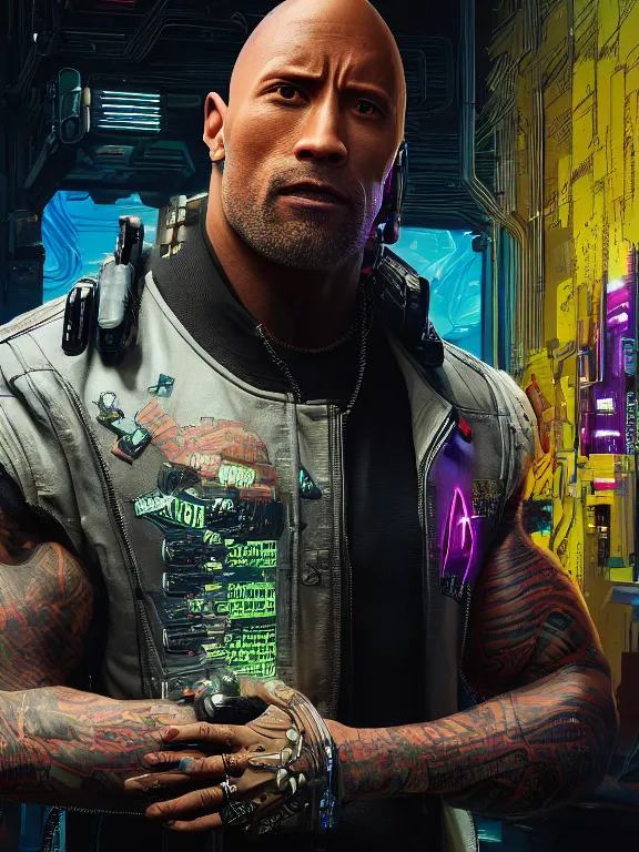 Prompt: a cyberpunk 2077 portrait of Dwayne Johnson put his arms around a female android , complex mess of cables and wires behind them connected to giant computer, love,film lighting, by laurie greasley,Lawrence Alma-Tadema,William Morris,Dan Mumford, trending on atrstation, full of color, highly detailed,8K, octane, Digital painting,golden ratio,cinematic lighting