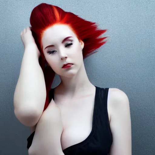 Prompt: Portrait of a young, stunningly beautiful twin-tailed woman with red hair on the right half of her head and white hair on the left half, award-winning photo, 4k, 8k, studio lighting