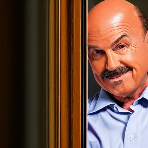 Image similar to dr. phil looking in through window, photography, high detail, tv star dr. phil, window