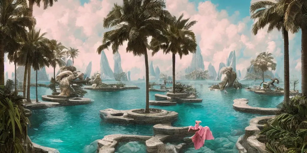 Image similar to artgem and greg rutkowski masterpiece, hyperrealistic surrealism, award winning masterpiece with incredible details, epic stunning, infinity pool, a surreal vaporwave liminal space, highly detailed, trending on ArtStation, calming, meditative, pink arches, palm trees, very vaporwave, very very surreal, sharp details, dreamscape, giant head statue ruins