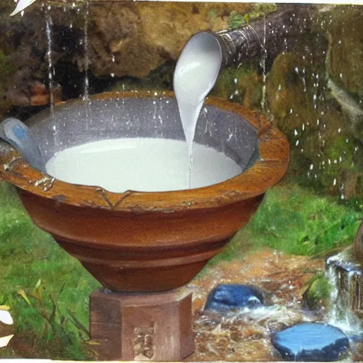 Prompt: a cup of milk in a wishing well