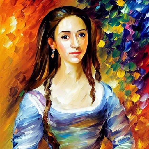 Prompt: portrait of a middle aged ancient noblewoman with a pretty face, brown skin and long brown hair. by leonid afremov