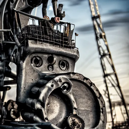 Image similar to giant scary treaded mining automated machine with drill, mining scrap metal, highly detailed body, retro, industrial, dark, dystopian, apocalyptic, clean, 8 5 mm f / 1. 4