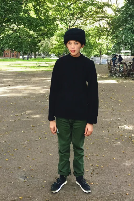Prompt: slim teenage boy, there is black wool beret hat on his head and dark curly hair sticking out from under it, he wears a dark green buttoned up shirt and black trousers, he has a brown satchel over his shoulder , standing outside in a park, he is holding a film camera and taking photographs