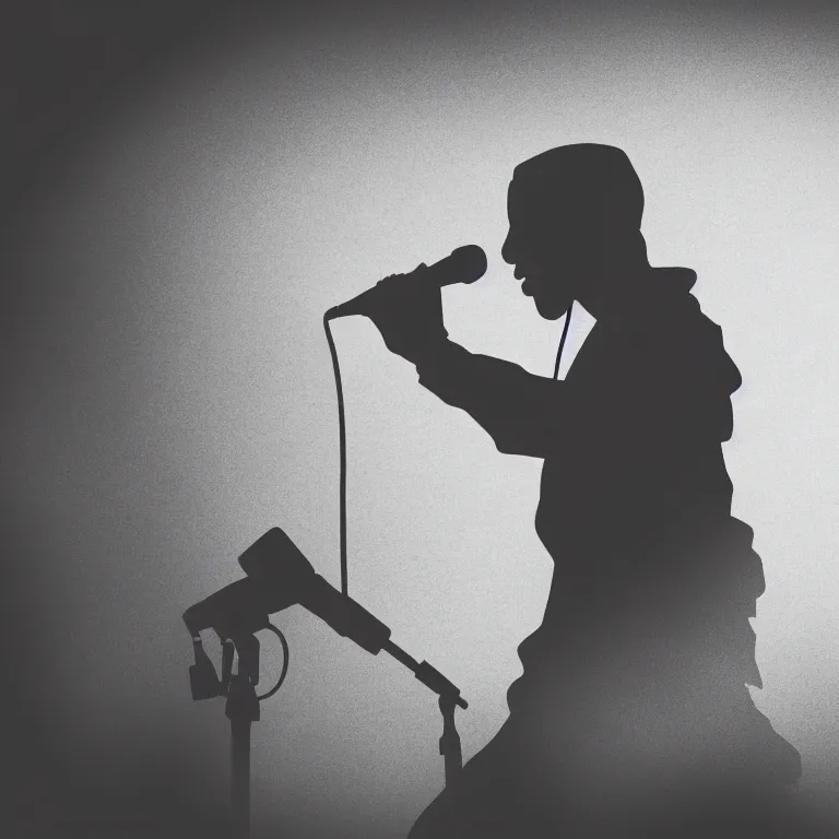 Image similar to silhouette of rapper performing, microphone, profile view, realistic, 4k