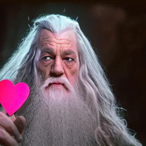Image similar to portrait of gandalf the pink, hair ribbon, holding a blank playing card up to the camera, movie still from the lord of the rings