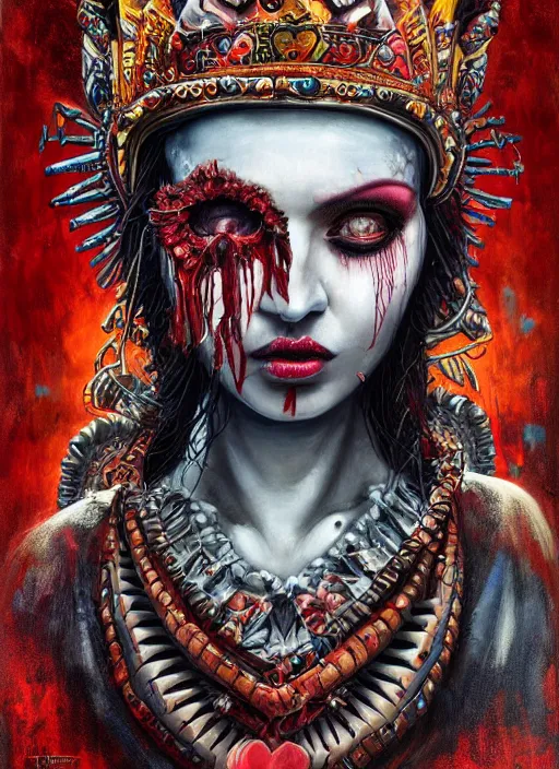 Prompt: queen of hearts, aztec god, highly detailed, cinematic, 8 k, by megan duncanson, benjamin lacombe, adrian borda, stanley artgermm, tom bagshaw, craig mullins, carne griffiths, ayami kojima, beksinski, giger, trending on deviantart, hyper detailed, horror, full of colour