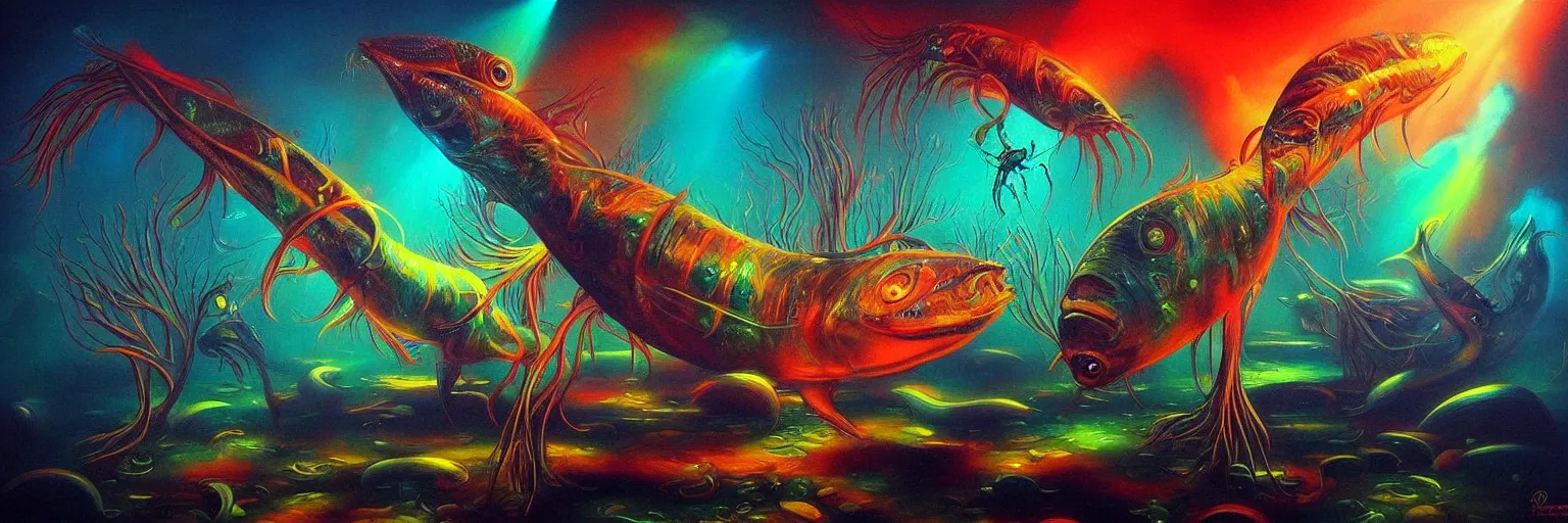 Image similar to strange alien fish creatures from the depths of the collective unconscious, dramatic lighting, surreal darkly colorful painting by ronny khalil