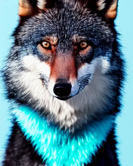 Prompt: black pink green blue fox - wolf, portrait, blue background, 8 k, 8 5 mm f 1. 8