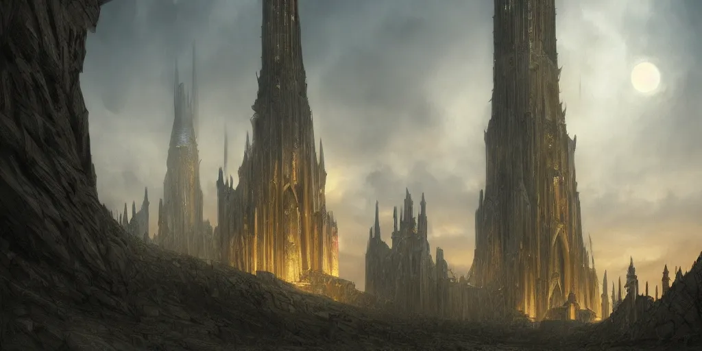 Image similar to Inside Orthanc Tower, evening, detailed matte painting, cinematic, Alan Lee, Artstation