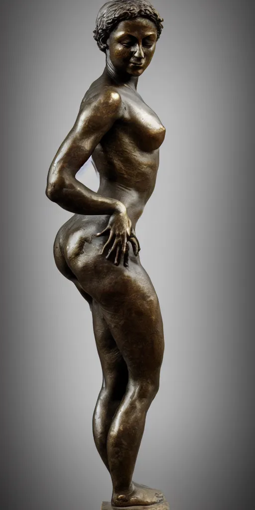 Image similar to detailed photo of old bronze patina statue of most beautiful woman, full body portrait, various bending poses, photorealism, intricate detail, museum diffuse lighting