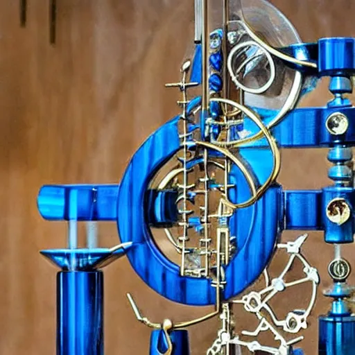 Prompt: a rube goldberg machine, made of brass and blue glass, intricate mechanisms