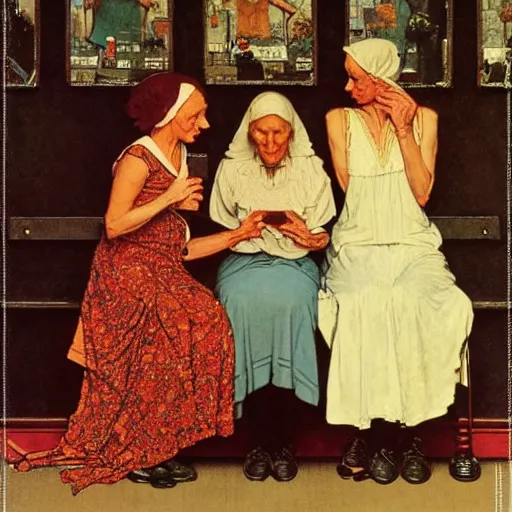 Prompt: The Three Fates weaving the lives of countless souls, artist is Norman Rockwell,