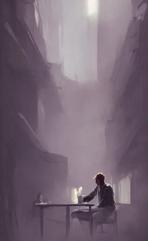 Prompt: a beautiful artwork illustration, concept art sketch of a portrait of a blonde man drinking coffee, volumetric fog, godrays, high contrast, high contrast, high contrast, vibrant colors, vivid colors, high saturation, by Greg Rutkowski and Jesper Ejsing and Raymond Swanland and Alena aenami, featured on artstation, wide angle, vertical orientation