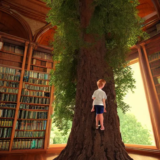 Prompt: a beautiful tall tree growing in the middle of an ancient Victorian library. a child climbing the tree. ultra-realistic, 4K, featured on artstation