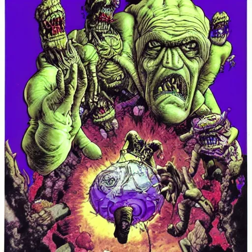 Image similar to distorted by katsuhiro otomo, by phil foglio deep purple. the experimental art features a group of monsters who live in a castle & have to deal with frankenstein's monster.