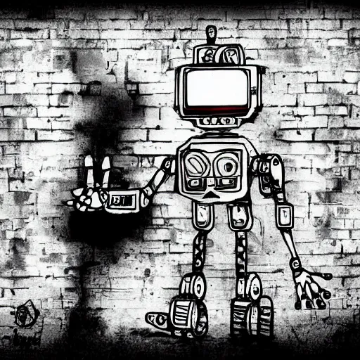 Image similar to chappie robot color graffiti, black and white zef design graffiti on the wall, dark lighting, digital art