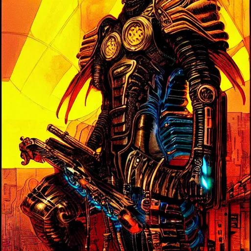 Image similar to cyberpunk knight, atmospheric lighting, painted, intricate, golden hour, ultra detailed by philippe druillet