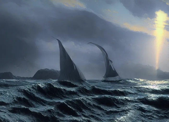 Image similar to an seascape painted by, mc escher, gordon onslow ford, georgia o'keeffe and ivan aivazovsky, cinematic light, god rays, unreal engine, zbrush central,