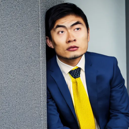 Prompt: asian man in suit and yellow tie distraught wearing birthday hat, realistic photo, portrait, sitting down, office setting