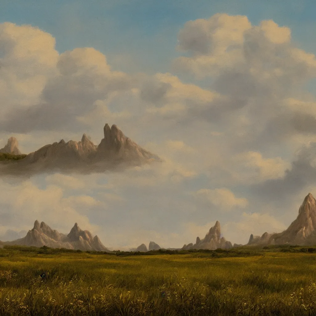 Image similar to a wide angle landscape of a prairie with a very large thin spire mountain in the distance in the style of rococo digital painting