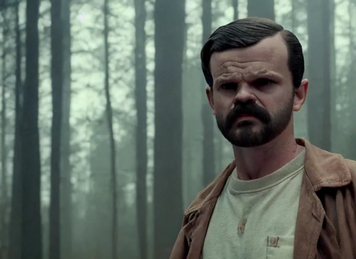 Prompt: film still of!!!!! john dutton!!!!! as jim hopper in the upside down in stranger things, 4 k