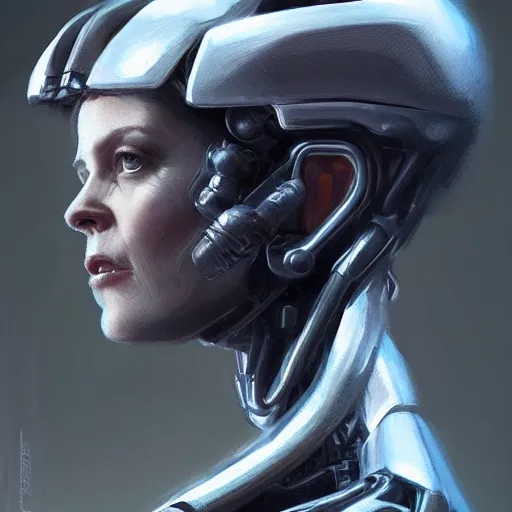 Image similar to portrait of a woman by greg rutkowski, she looks like sigourney weaver, she is wearing a cybernetic heavy armor gear, highly detailed portrait, digital painting, artstation, concept art, smooth, sharp foccus ilustration, artstation hq