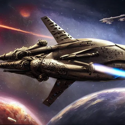 Image similar to steampunk spaceship, space war, battle, hyper realistic, artistic