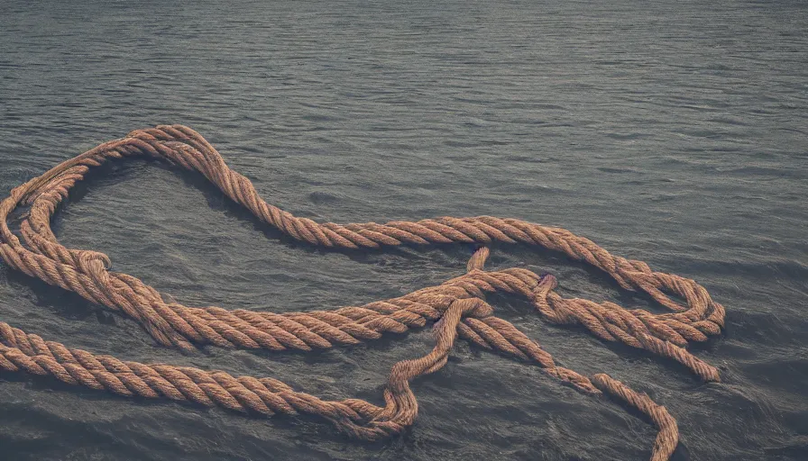 Image similar to wide shot of a bundle of rope on the surface of water, in the middle of a lake, overcast day, rocky foreground, 2 4 mm leica anamorphic lens, moody scene, stunning composition, hyper detailed, color kodak film stock