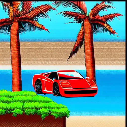 Image similar to a red Ferrari testarossa next to a white sand beach with palm trees. 16bit graphics. Outrun game