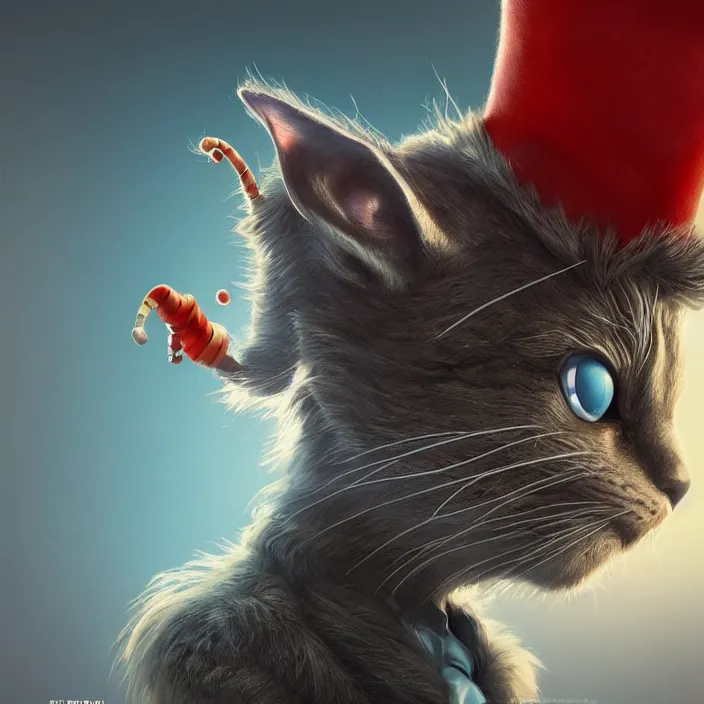 Image similar to complex 3 d render, hyper detailed, ultra sharp, cat in the hat, scary, cute, cinematic, steampunk, natural soft light, rim light, octane render, artstation, art by artgerm and greg rutkowski and alberto seveso, dr seuss