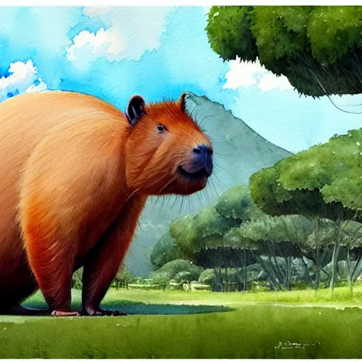 Prompt: a beautiful watercolor painting of an enormous capybara, by Antonio Guidotti, ghibli studio, hyper detailed, matte art, trending on artstation,