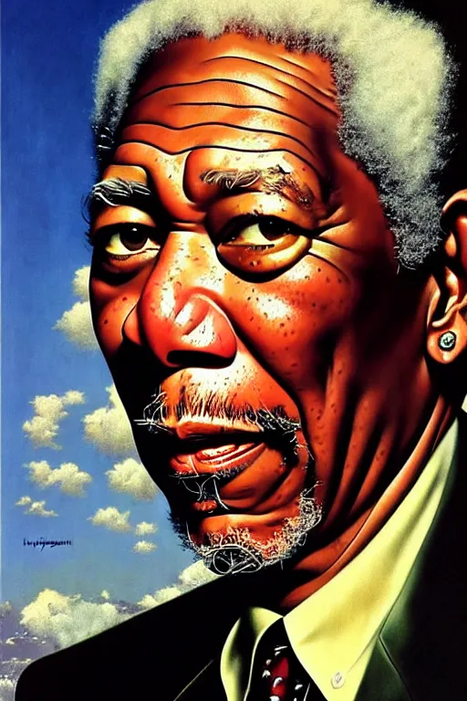 Image similar to morgan freeman portrait by gil elvgren and norman rockwell and rob gonsalves and hajime sorayama, hyperrealistic, high detail, ultra detailed, highly detailed face, ruffled fabric