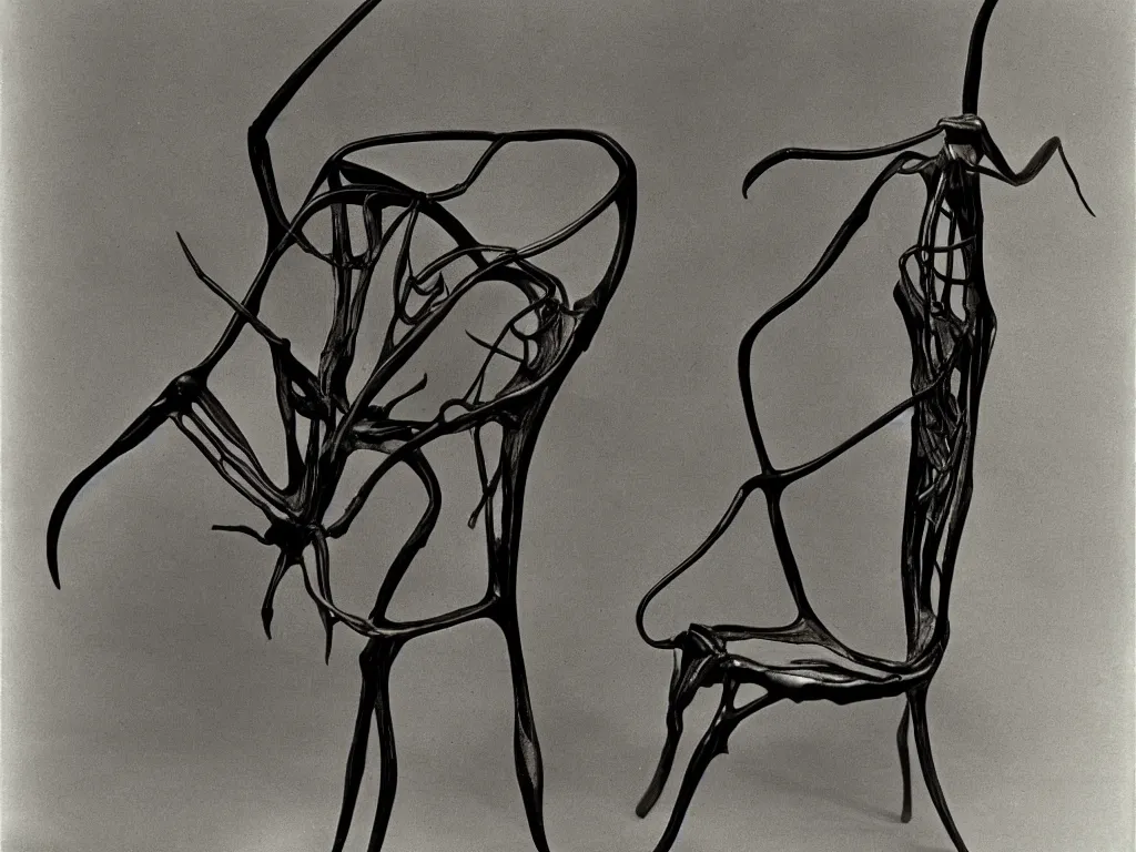 Image similar to gothic chair in the shape of a praying mantis. karl blossfeldt, salvador dali