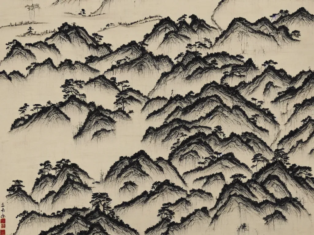 Image similar to appalachian landscape of the laurentian region, painting in traditional chinese black ink shanshui style.