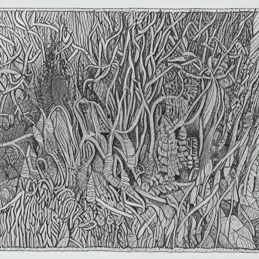 Prompt: an intricate drawing of the australian bush by mc escher, line art, celtic, illustration